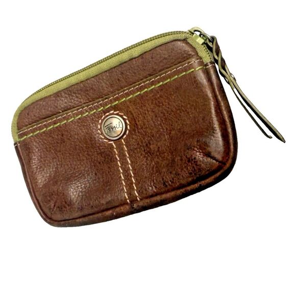 Fossil Leather Brown Green Women's Coin Purse Wallet w/ Keyring EUC - Picture 1 of 14